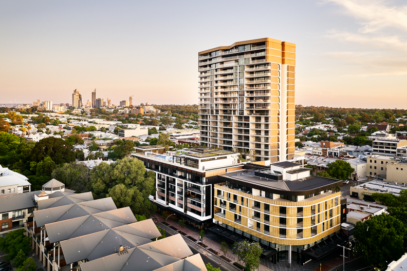 Image of One Subiaco; aerial image during dusk.